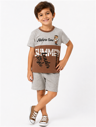 1981 - Ayıcık Baskılı Erkek Çocuk Takım - Kahve