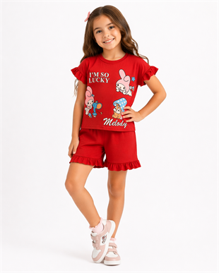 1982 - Karakter Baskılı Kolu Fırfırlı  Kız Takım - Kırmızı