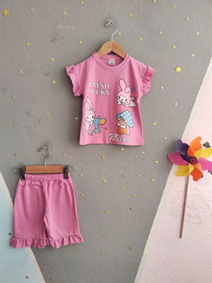 1982 - Karakter Baskılı Kolu Fırfırlı  Kız Takım - Pembe