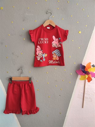 1982 - Karakter Baskılı Kolu Fırfırlı  Kız Takım - Kırmızı