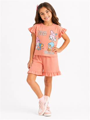 1982 - Karakter Baskılı Kolu Fırfırlı  Kız Takım - Somon