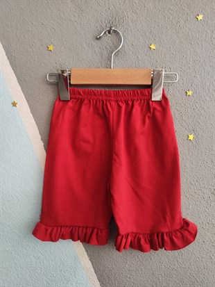 1982 - Karakter Baskılı Kolu Fırfırlı  Kız Takım - Kırmızı