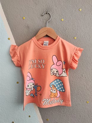 1982 - Karakter Baskılı Kolu Fırfırlı  Kız Takım - Somon