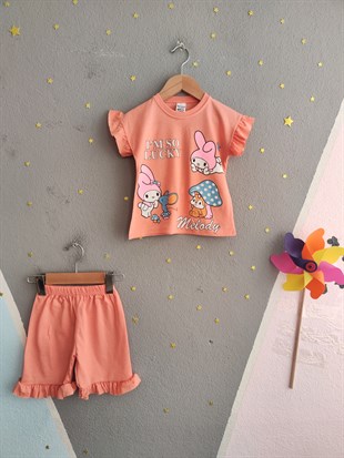 1982 - Karakter Baskılı Kolu Fırfırlı  Kız Takım - Somon