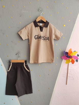 1987 -  Yakalı Şortu Keten Erkek Çocuk Takım - Bej