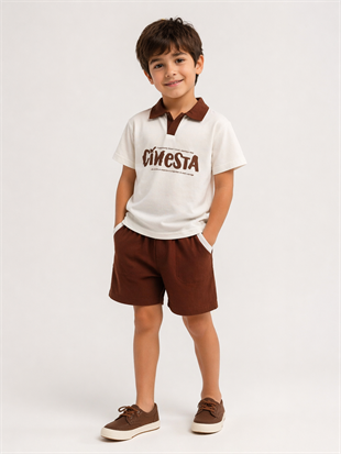 1987 -  Yakalı Şortu Keten Erkek Çocuk Takım - Beyaz 
