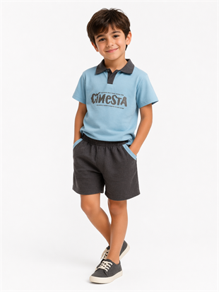 1987 -  Yakalı Şortu Keten Erkek Çocuk Takım - Buz mavisi