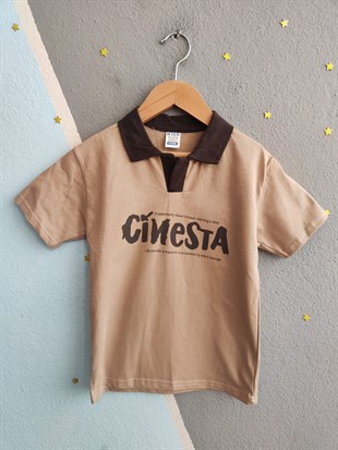 1987 -  Yakalı Şortu Keten Erkek Çocuk Takım - Bej