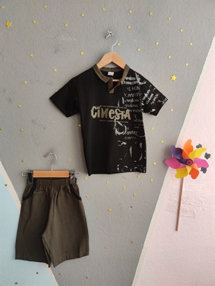 1987 -  Yakalı Şortu Keten Erkek Çocuk Takım - Haki-siyah