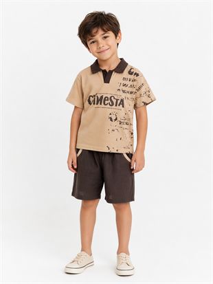 1987 -  Yakalı Şortu Keten Erkek Çocuk Takım - Bej