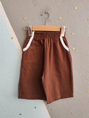 1987 -  Yakalı Şortu Keten Erkek Çocuk Takım - Beyaz 