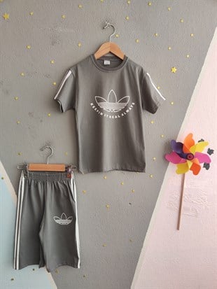 1989 -  Kolları Şeritli  Şortlu Erkek Çocuk Takım -Gri