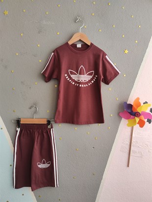 1989 -  Kolları Şeritli  Şortlu Erkek Çocuk Takım - Bordo