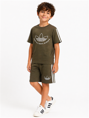 1989 -  Kolları Şeritli  Şortlu Erkek Çocuk Takım - Haki