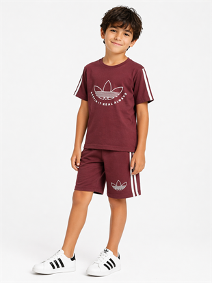 1989 -  Kolları Şeritli  Şortlu Erkek Çocuk Takım - Bordo