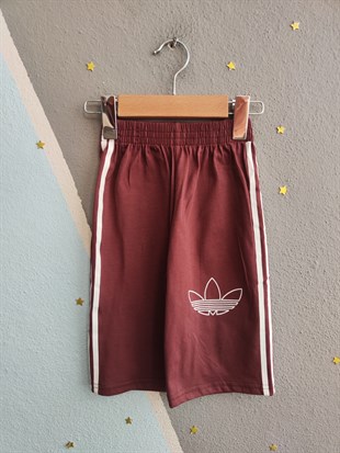 1989 -  Kolları Şeritli  Şortlu Erkek Çocuk Takım - Bordo