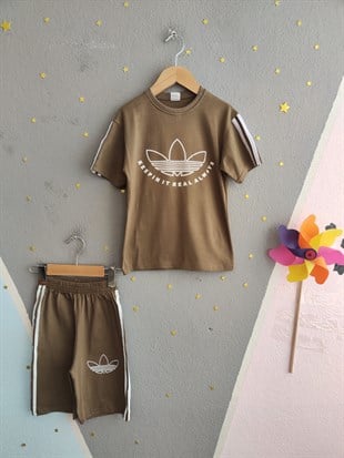 1989 -  Kolları Şeritli  Şortlu Erkek Çocuk Takım - Sütlü Kahve