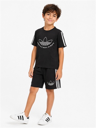 1989 -  Kolları Şeritli  Şortlu Erkek Çocuk Takım - Siyah