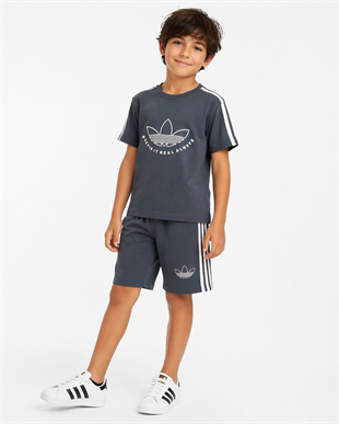 1989 -  Kolları Şeritli  Şortlu Erkek Çocuk Takım -Açık lacivert