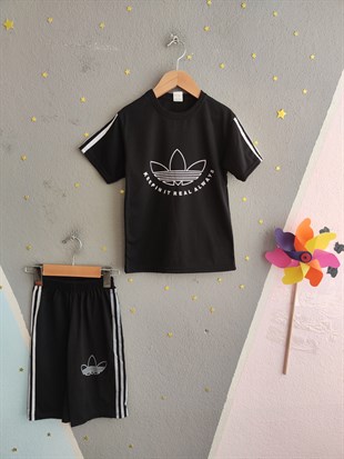 1989 -  Kolları Şeritli  Şortlu Erkek Çocuk Takım - Siyah