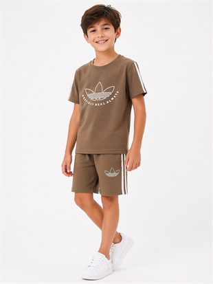 1989 -  Kolları Şeritli  Şortlu Erkek Çocuk Takım - Sütlü Kahve