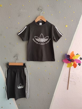 1989 -  Kolları Şeritli  Şortlu Erkek Çocuk Takım - Füme