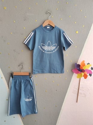 1989 -  Kolları Şeritli  Şortlu Erkek Çocuk Takım -Mavi