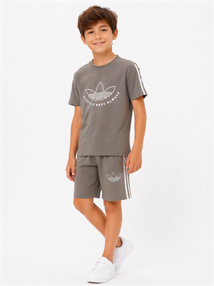 1989 -  Kolları Şeritli  Şortlu Erkek Çocuk Takım -Gri