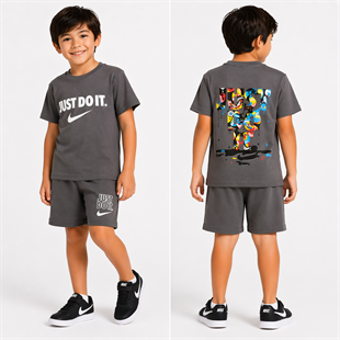 1990-  Önü ve Arkası Baskılı Şortlu Erkek Çocuk Takım - Füme