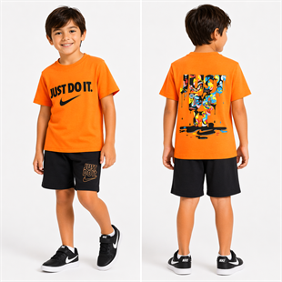 1990-  Önü ve Arkası Baskılı Şortlu Erkek Çocuk Takım - Turuncu