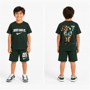 1990-  Önü ve Arkası Baskılı Şortlu Erkek Çocuk Takım - Zümrüt