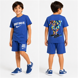 1990-  Önü ve Arkası Baskılı Şortlu Erkek Çocuk Takım - Saks