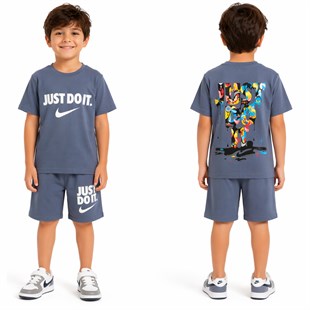 1990-  Önü ve Arkası Baskılı Şortlu Erkek Çocuk Takım - Mavi