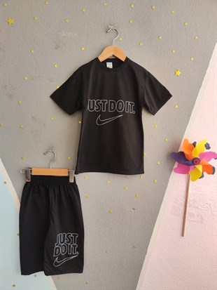 1990-  Önü ve Arkası Baskılı Şortlu Erkek Çocuk Takım - Siyah