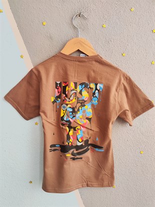 1990-  Önü ve Arkası Baskılı Şortlu Erkek Çocuk Takım - Kahve