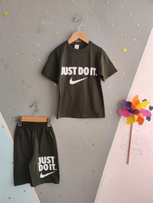 1990-  Önü ve Arkası Baskılı Şortlu Erkek Çocuk Takım - Haki