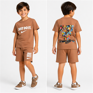 1990-  Önü ve Arkası Baskılı Şortlu Erkek Çocuk Takım - Kahve