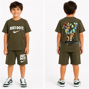 1990-  Önü ve Arkası Baskılı Şortlu Erkek Çocuk Takım - Haki