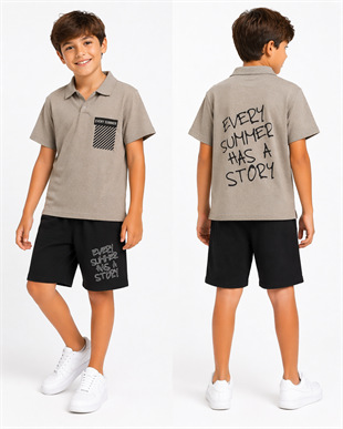 1991-  Every Summer Baskılı Yakalı ve Şortlu Erkek Çocuk Takımı - Gri