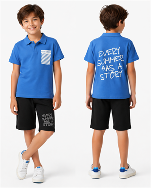 1991-  Every Summer Baskılı Yakalı ve Şortlu Erkek Çocuk Takımı - Mavi