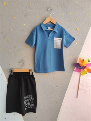 1991-  Every Summer Baskılı Yakalı ve Şortlu Erkek Çocuk Takımı - Mavi