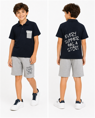 1991-  Every Summer Baskılı Yakalı ve Şortlu Erkek Çocuk Takımı - Lacivert