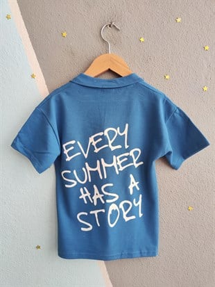 1991-  Every Summer Baskılı Yakalı ve Şortlu Erkek Çocuk Takımı - Mavi