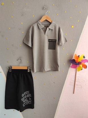 1991-  Every Summer Baskılı Yakalı ve Şortlu Erkek Çocuk Takımı - Gri