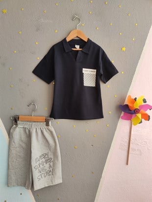 1991-  Every Summer Baskılı Yakalı ve Şortlu Erkek Çocuk Takımı - Lacivert