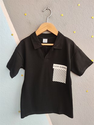 1991-  Every Summer Baskılı Yakalı ve Şortlu Erkek Çocuk Takımı - Siyah