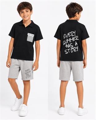 1991-  Every Summer Baskılı Yakalı ve Şortlu Erkek Çocuk Takımı - Siyah