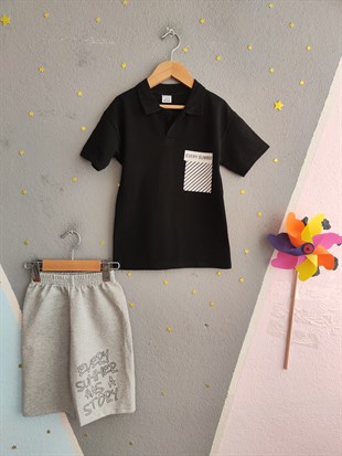 1991-  Every Summer Baskılı Yakalı ve Şortlu Erkek Çocuk Takımı - Siyah