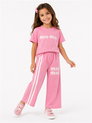 1993- -Üstü Tişört Altı Eşofman Baskılı Kız Çocuk Takımı - Pembe
