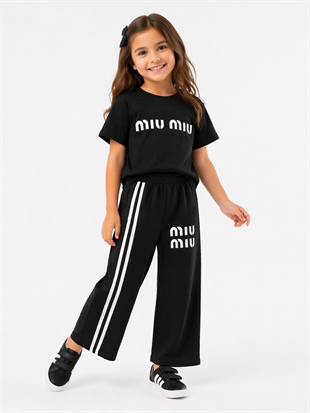 1993- -Üstü Tişört Altı Eşofman Baskılı Kız Çocuk Takımı - Siyah